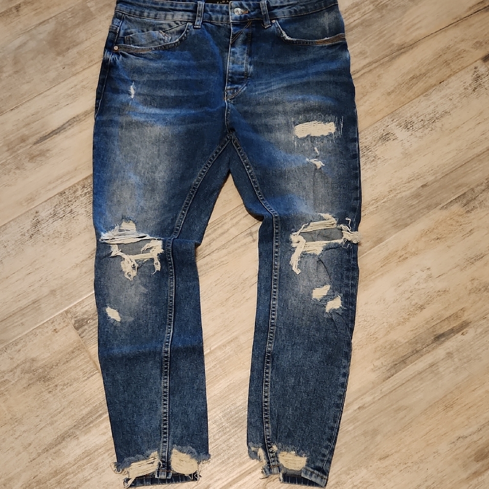 Zara Men's Ripped Indigo Skinny Jeans